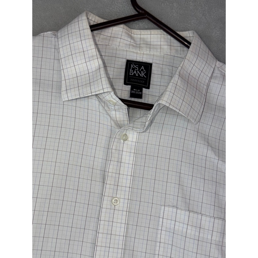 JOS A BANK Traveler Mens 18.5X37 White Windowpane Button Down Dress Shirt Cotton